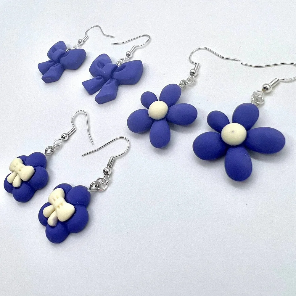 Ribbon Earrings - Bow Earrings - Flower Earrings - Indigo Blue Clay Earrings